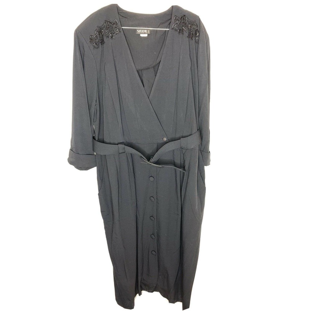 1980s Studio I 20 Black Button Up Faux Wrap Dress
